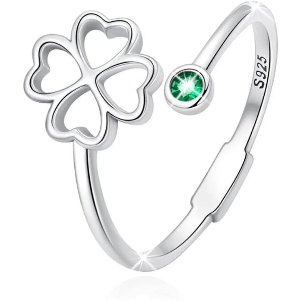 Adjustable Clover Leaf Ring 925 Sterling Silver Jewelry Comes with Good Luck
